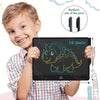 A smiling boy holds a 13-inch LCD drawing tablet with a dinosaur outline on the screen.