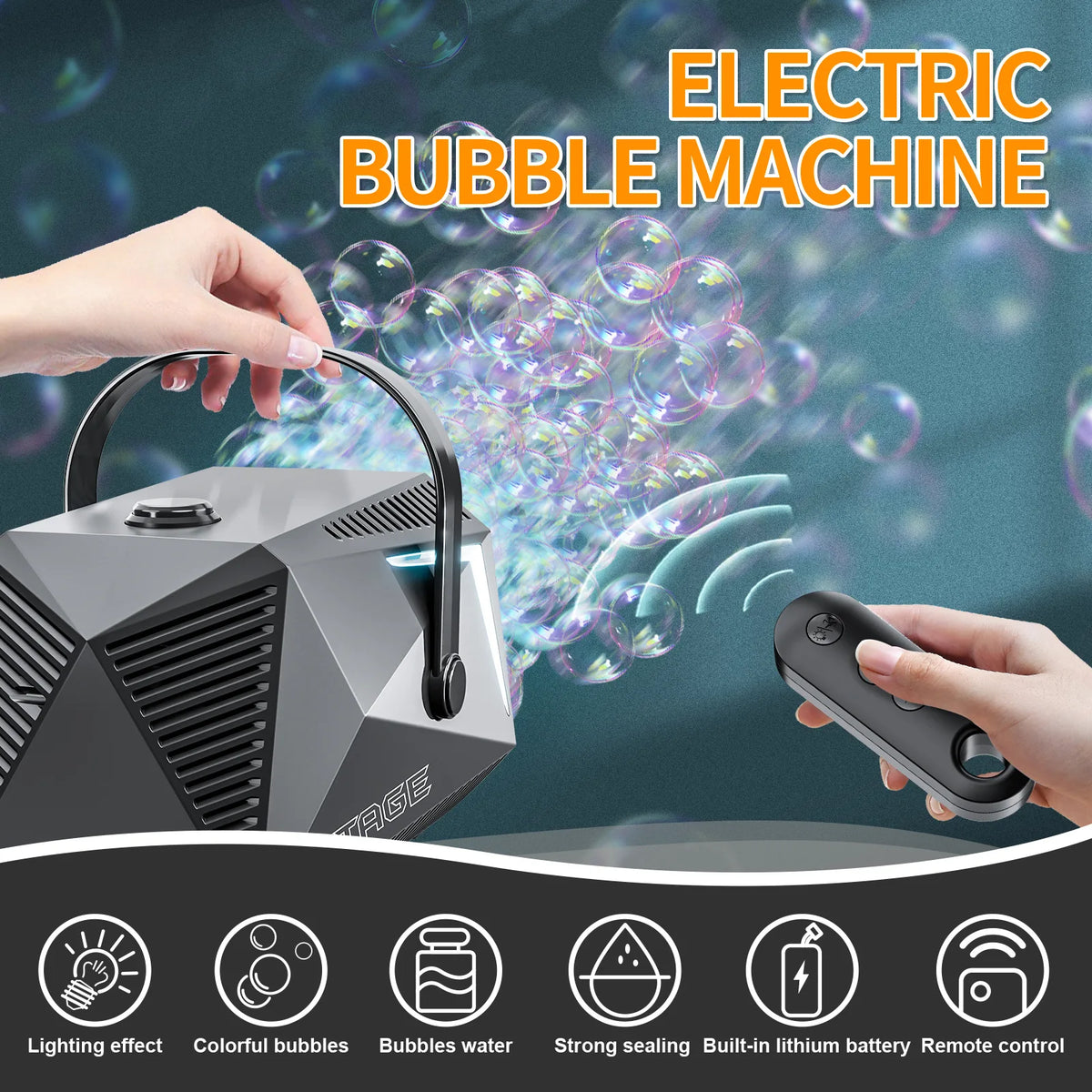 A hand holds an electric bubble machine with a remote control, showing various features like lighting and colorful bubbles.