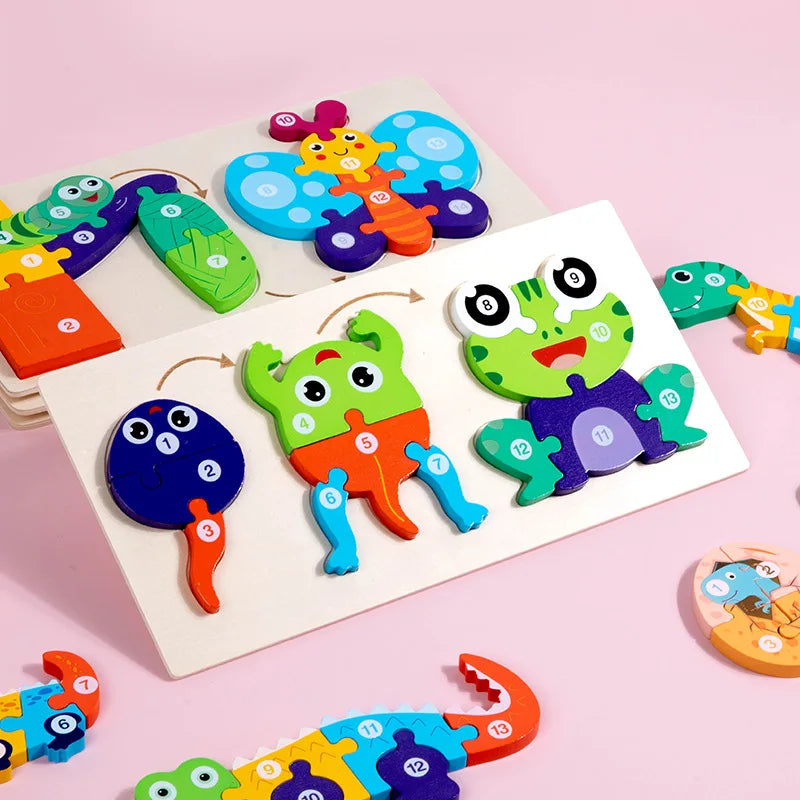 A set of wooden life cycle learning puzzles featuring colorful, stylized animals and elements for toddlers.