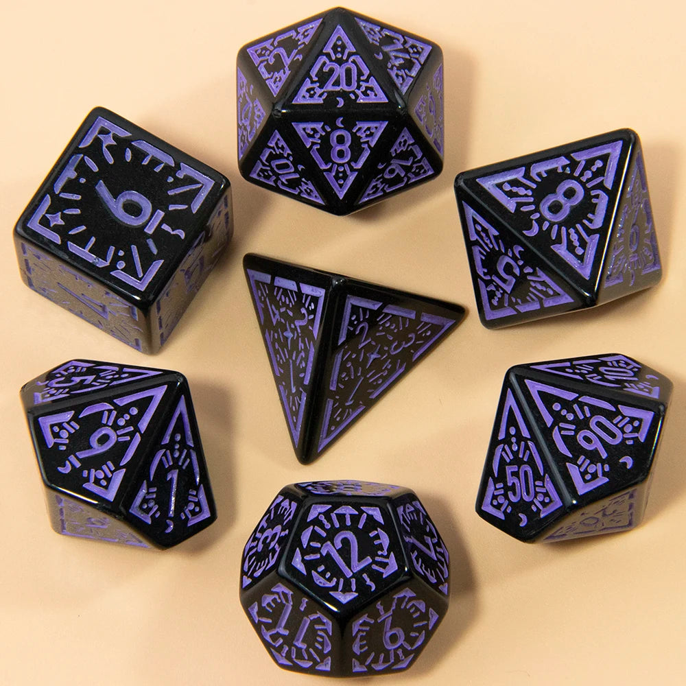 A set of seven fantasy carved polyhedral dice in purple and black on a light background.