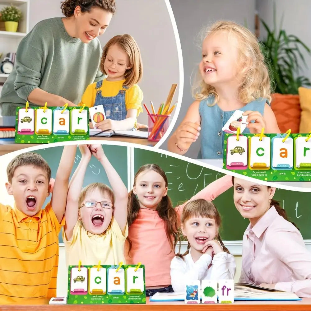 A colorful picture recognition word builder game with various cards and components for children.