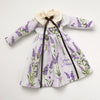 A vintage lace maid dress set for 1/6 scale dolls featuring a lavender floral print and a sheer fabric collar.