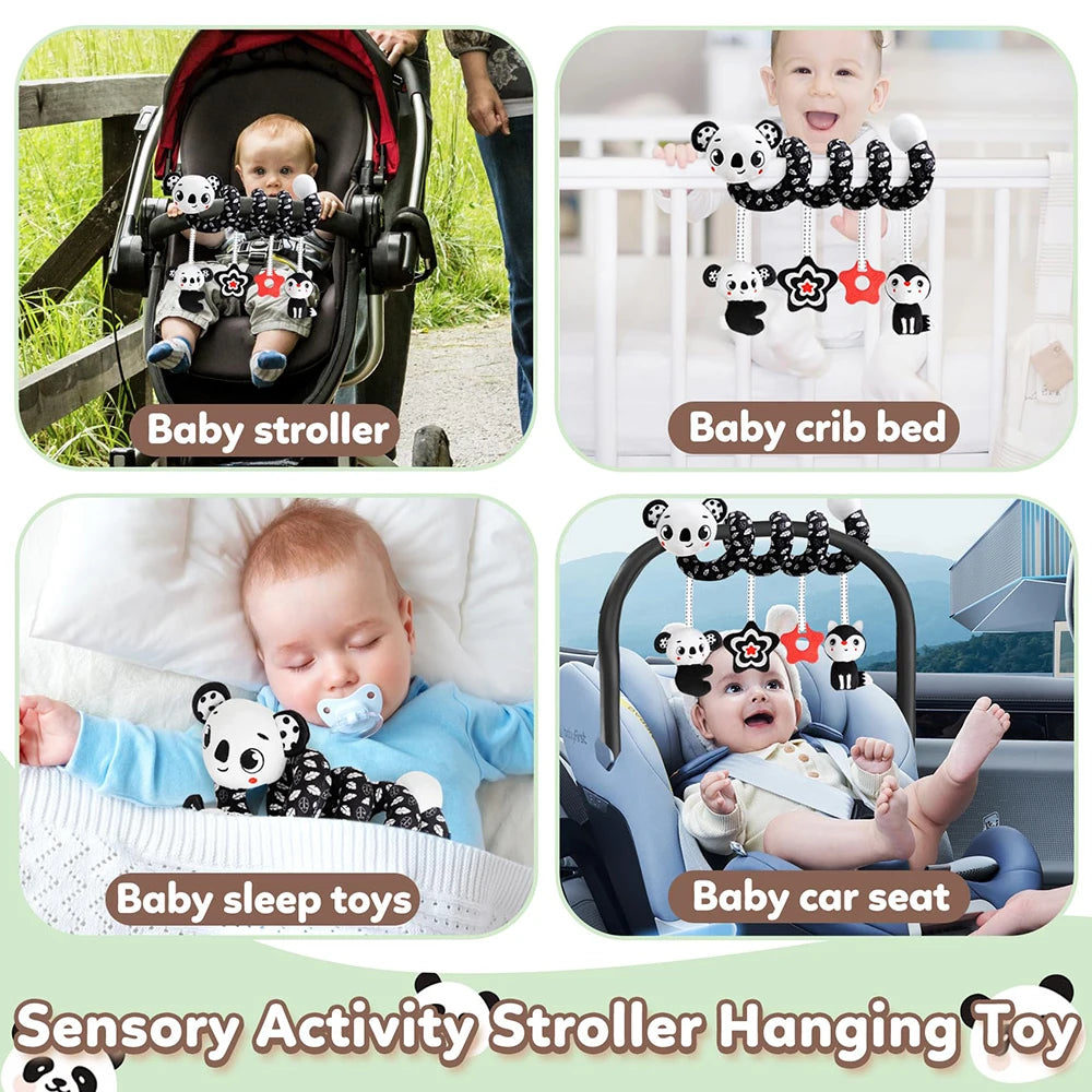 Sensory activity toys hanging from a baby stroller and car seat for infants