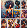 A collection of vibrant diamond painting portraits featuring African women with various hairstyles and red wine.