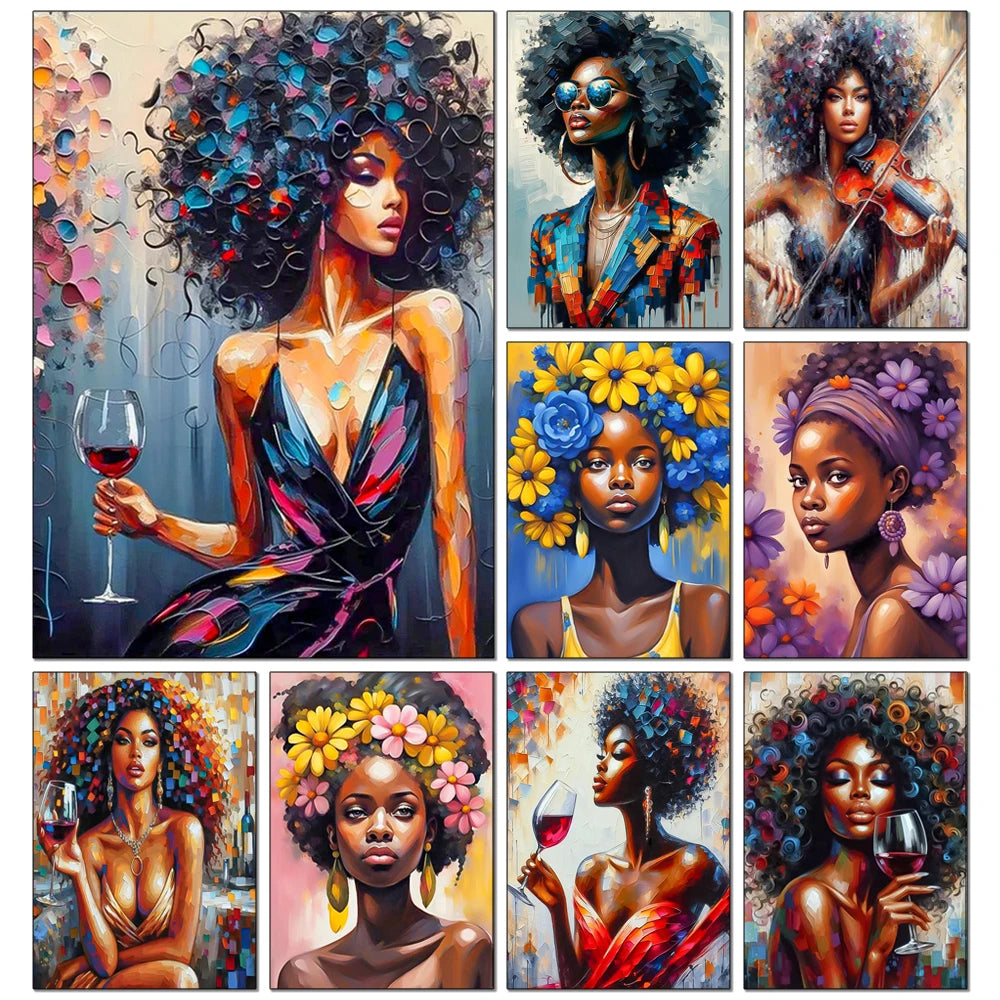 A collection of vibrant diamond painting portraits featuring African women with various hairstyles and red wine.