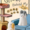 A collectible figurine of a cat is displayed next to a stylized representation of a cat's face, set against a light backgroun