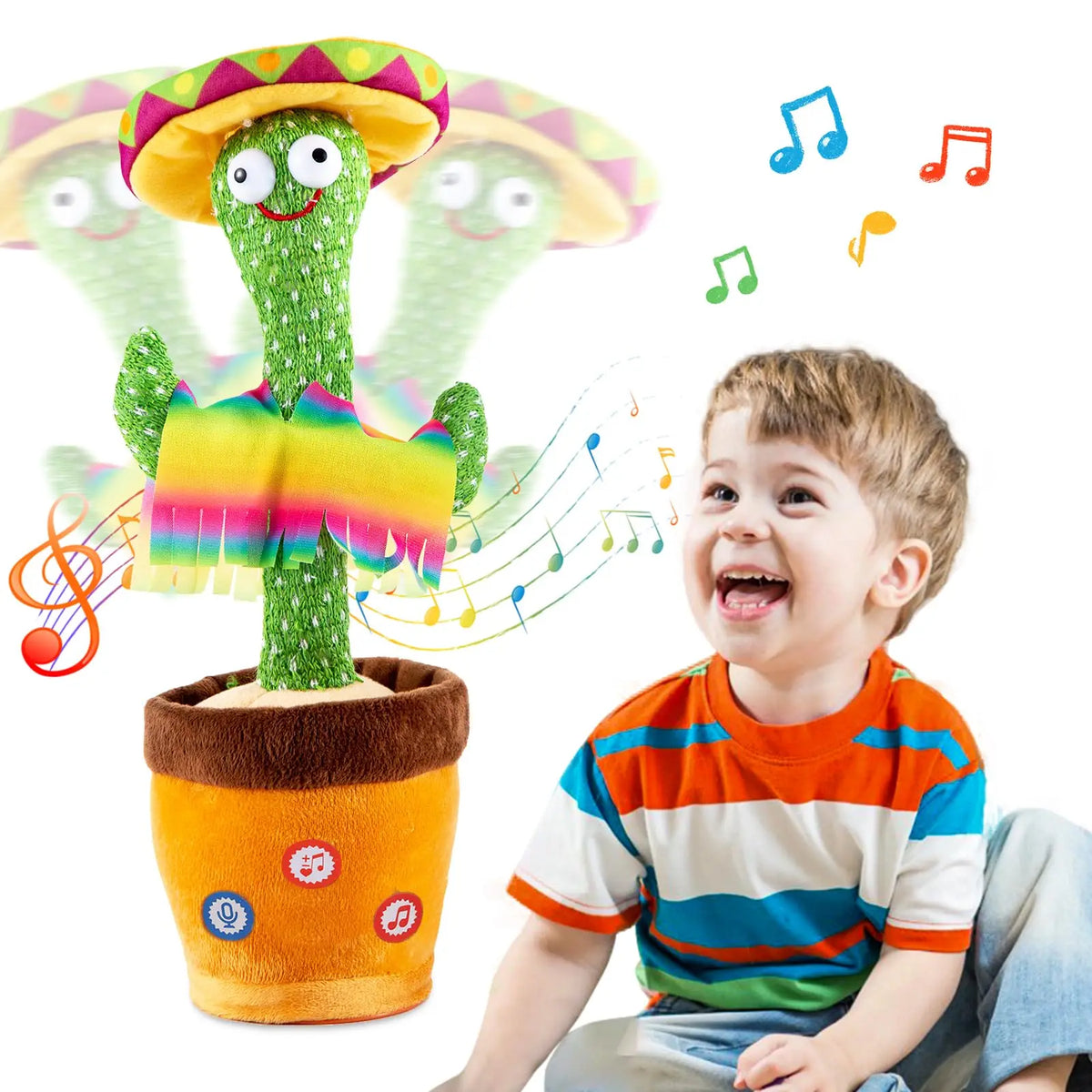 A young boy is smiling while holding an interactive talking cactus toy with colorful features and musical notes.