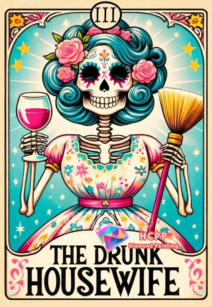 Diamond painting kit featuring a tarot skull woman with vibrant colors and flowers.