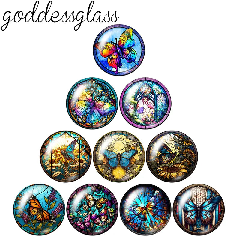 A collection of ten round glass cabochons featuring vibrant butterfly and floral designs for jewelry making.
