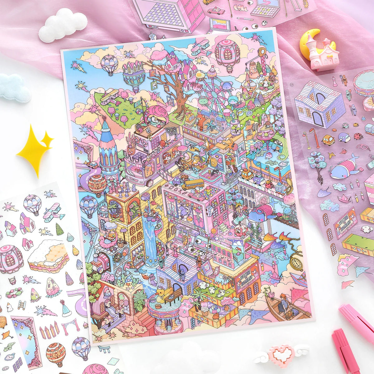 Kawaii Fantasy City 3D Sticker Sheet