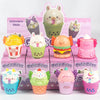 A collection of 12 squishy stress relief toys featuring cute animals and food characters in various colors and packaging.