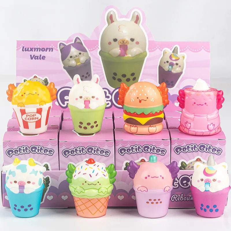 A collection of 12 squishy stress relief toys featuring cute animals and food characters in various colors and packaging.