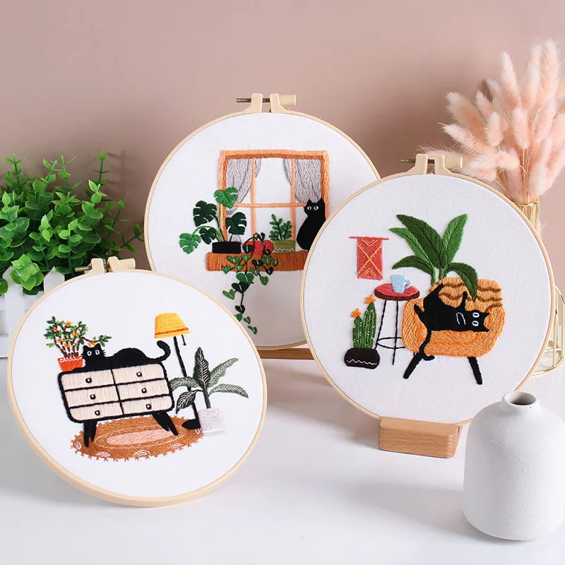Beginner Embroidery Kit with Floral and Cat Patterns