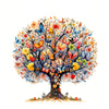 Watercolor illustration of a vibrant tree with colorful flowers and butterflies.