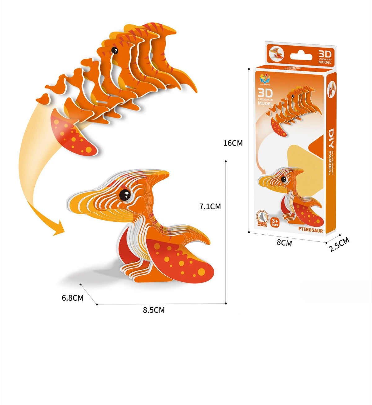 A 3D paper animal puzzle set of a dinosaur or ocean creature in orange and yellow colors.
