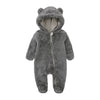 A gray baby bear fleece hooded romper with a zipper.