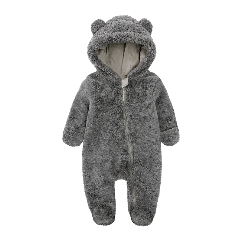 A gray baby bear fleece hooded romper with a zipper.