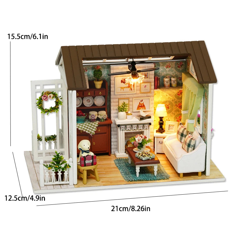DIY Miniature Wooden Dollhouse Kit with LED Lighting