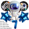 Outer space astronaut party décor set featuring a helmet, space suit, and various balloons including stars and numbers