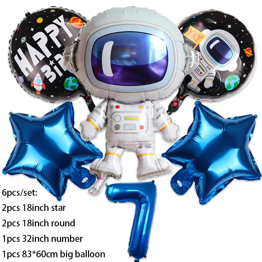 Outer space astronaut party décor set featuring a helmet, space suit, and various balloons including stars and numbers