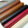 Rolls of PU leather self-adhesive repair patches in various shades including brown, black, and red.