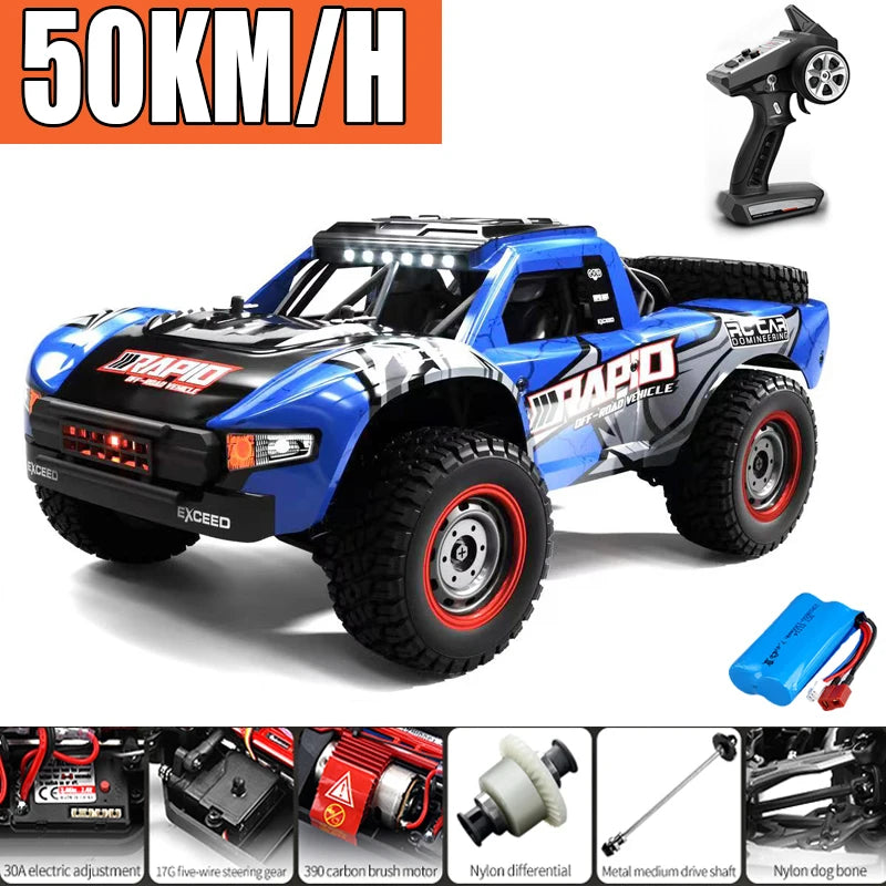 Blue and black high-speed 4WD brushless RC monster truck with large tires and racing decals.