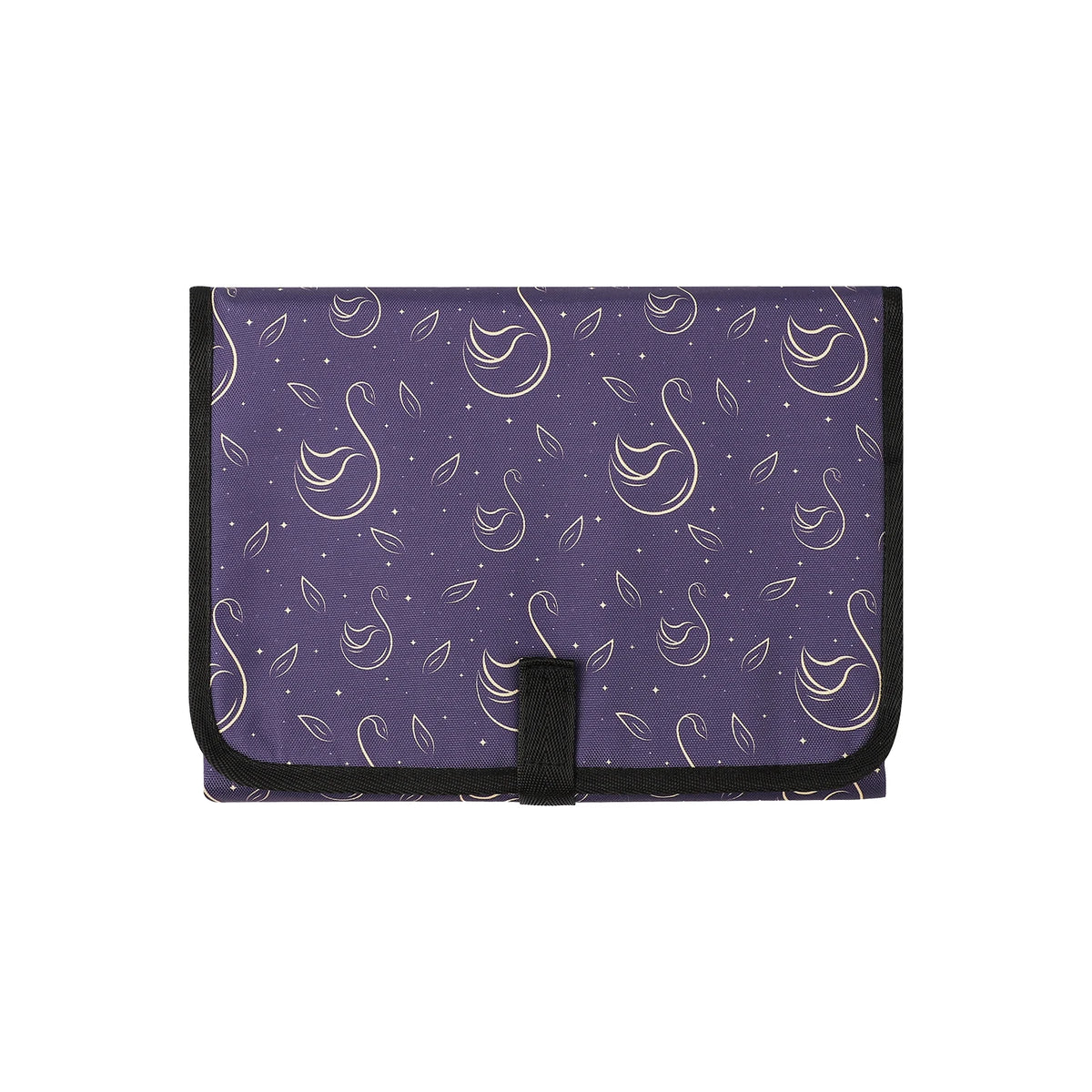Purple fabric diaper changing pad with a white swan pattern and a black closure.