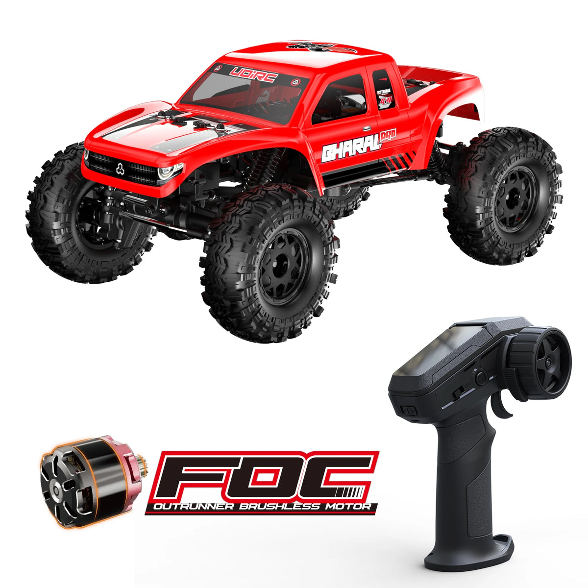 Red 1:18 scale RC rock crawler with four-wheel steering and a brushless motor