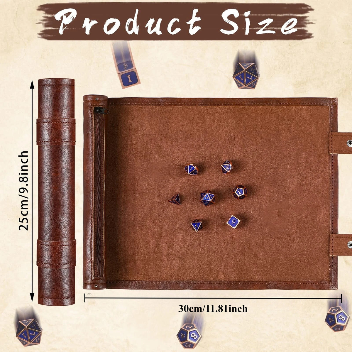 A brown PU leather storage bag for dice, showing the tray and several small dice on the surface.