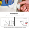 A hand is shown using a magnetic key to open and lock a cupboard door, demonstrating the automatic unlocking and locking feat