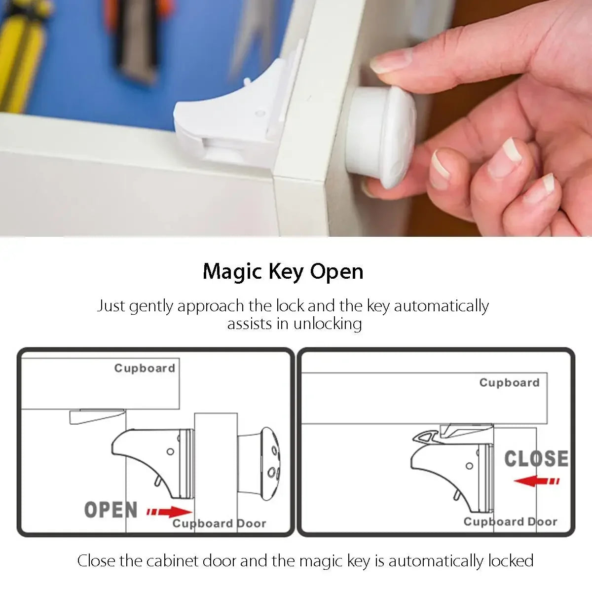 A hand is shown using a magnetic key to open and lock a cupboard door, demonstrating the automatic unlocking and locking feat