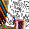 A hand holds a blue pencil drawing on a page of an adult coloring book featuring a coffee shop illustration.