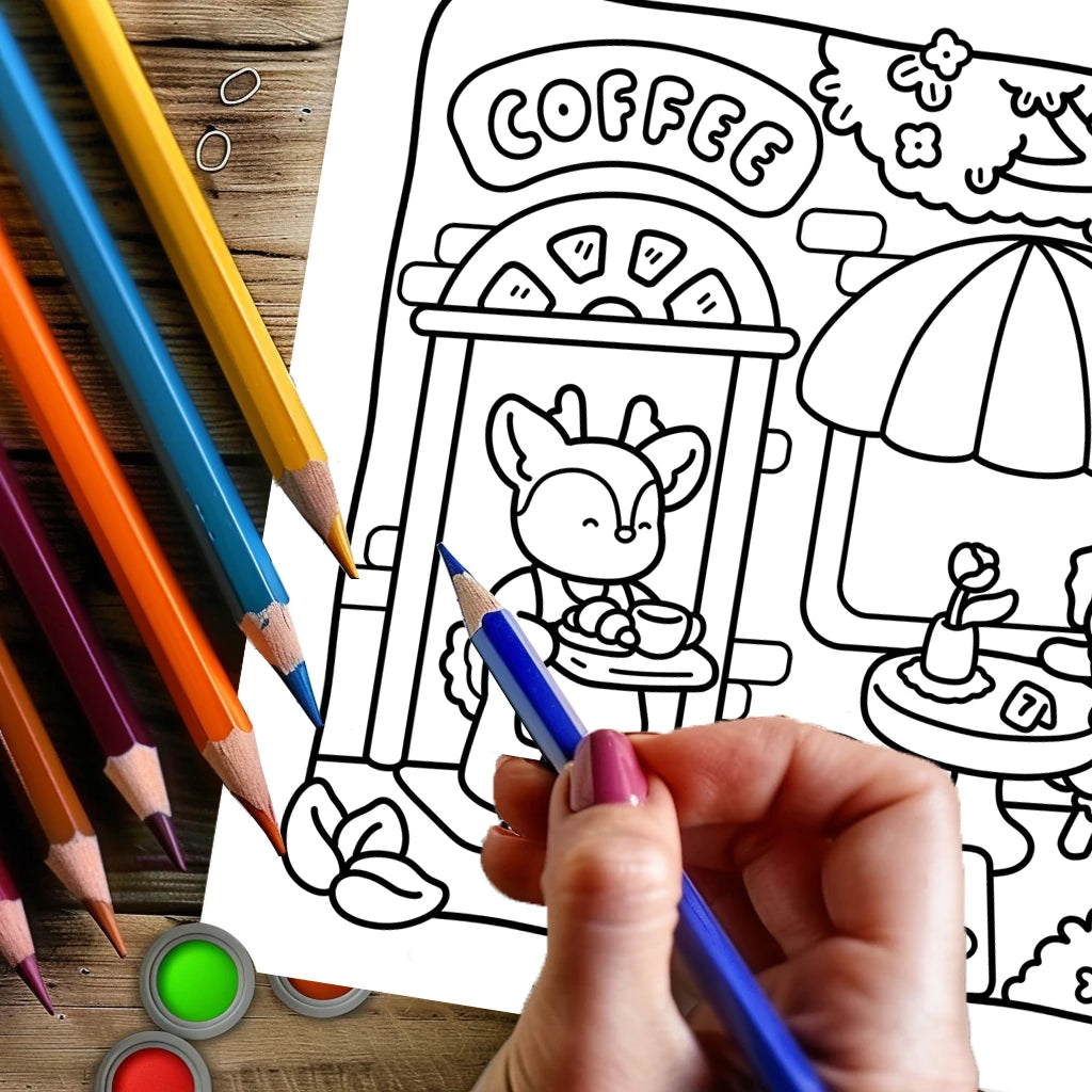 A hand holds a blue pencil drawing on a page of an adult coloring book featuring a coffee shop illustration.