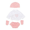 A pink and white outfit set for a doll, including a matching hat, shirt, and bottoms.