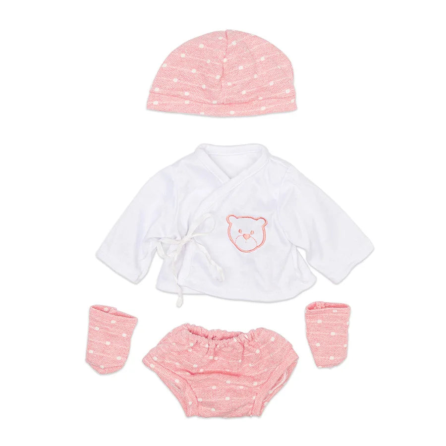 A pink and white outfit set for a doll, including a matching hat, shirt, and bottoms.