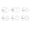 A set of polyhedral dice shapes including a tetrahedron, cube, octahedron, and dodecahedron, shown with dimensions.