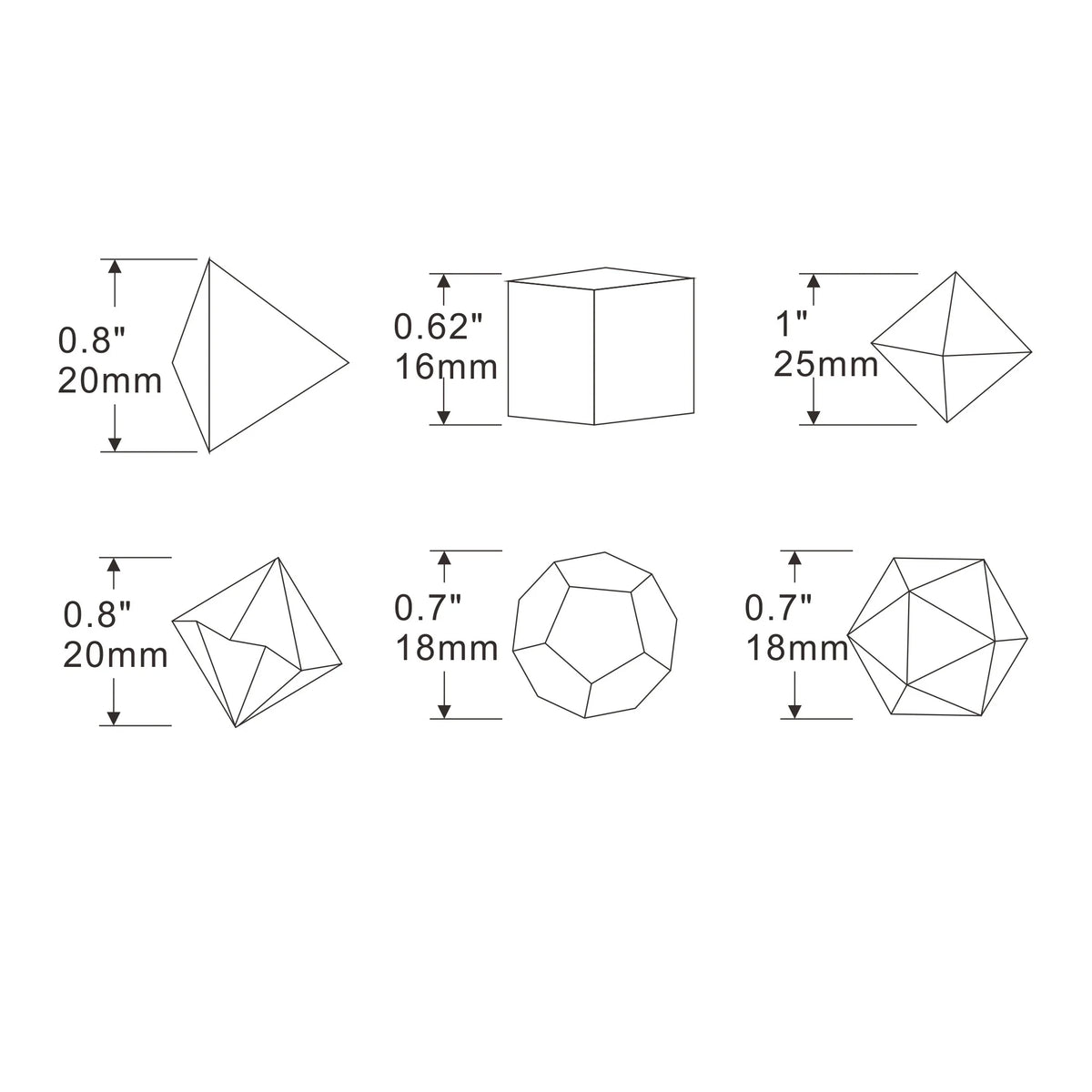A set of polyhedral dice shapes including a tetrahedron, cube, octahedron, and dodecahedron, shown with dimensions.