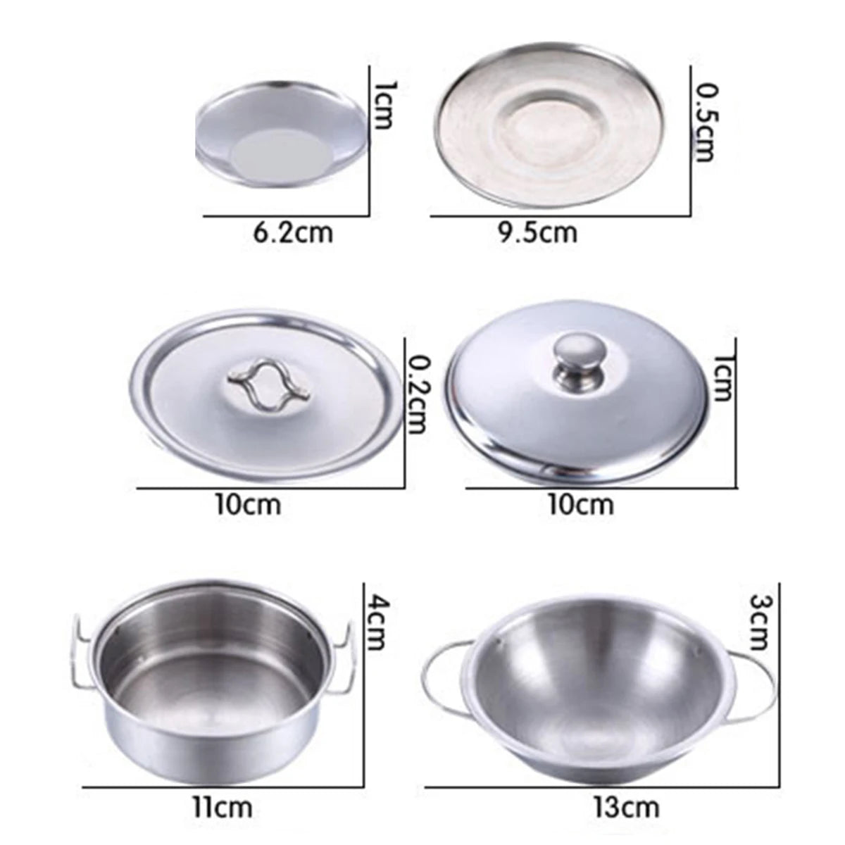 Stainless steel cookware set including various pots and bowls for a play kitchen