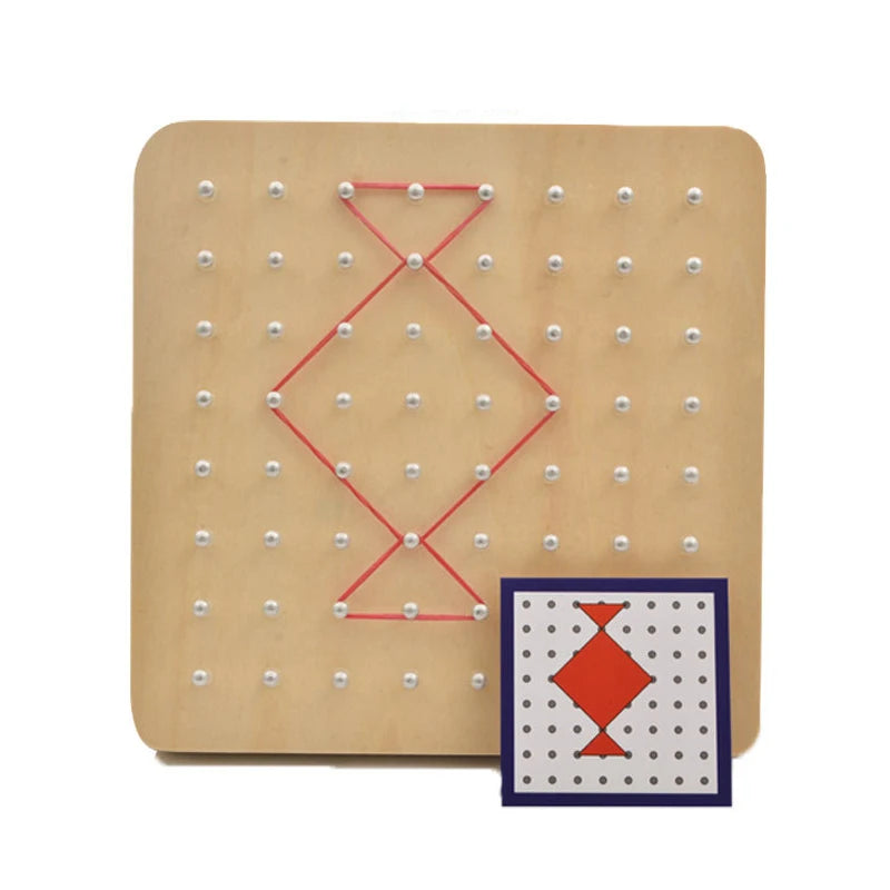 A wooden peg board with a red geometric pattern and small white pegs, next to a card with an orange diamond shape.
