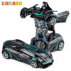 A black and blue transformable robot sports car toy with wheels and body parts shown in a dynamic pose.