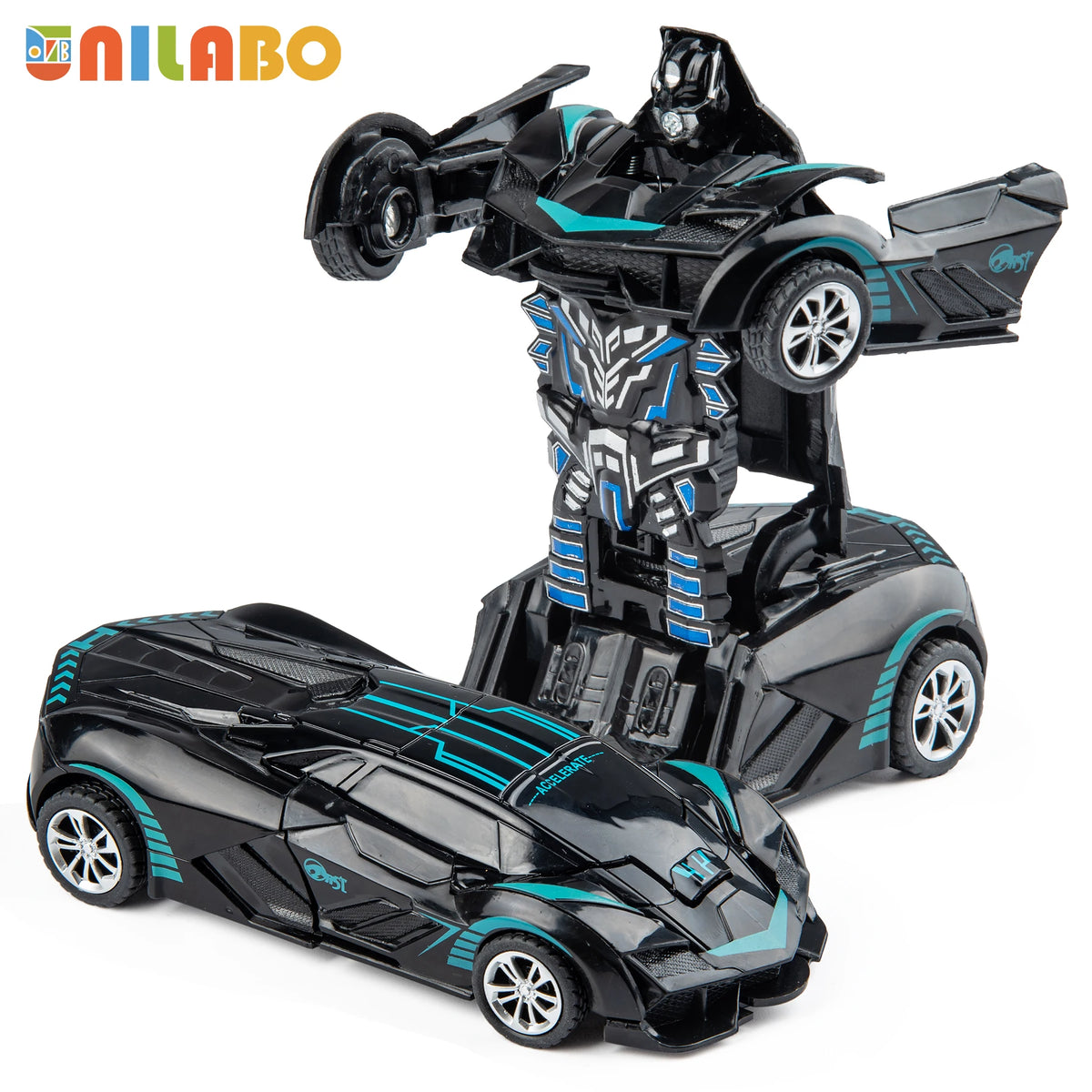 A black and blue transformable robot sports car toy with wheels and body parts shown in a dynamic pose.