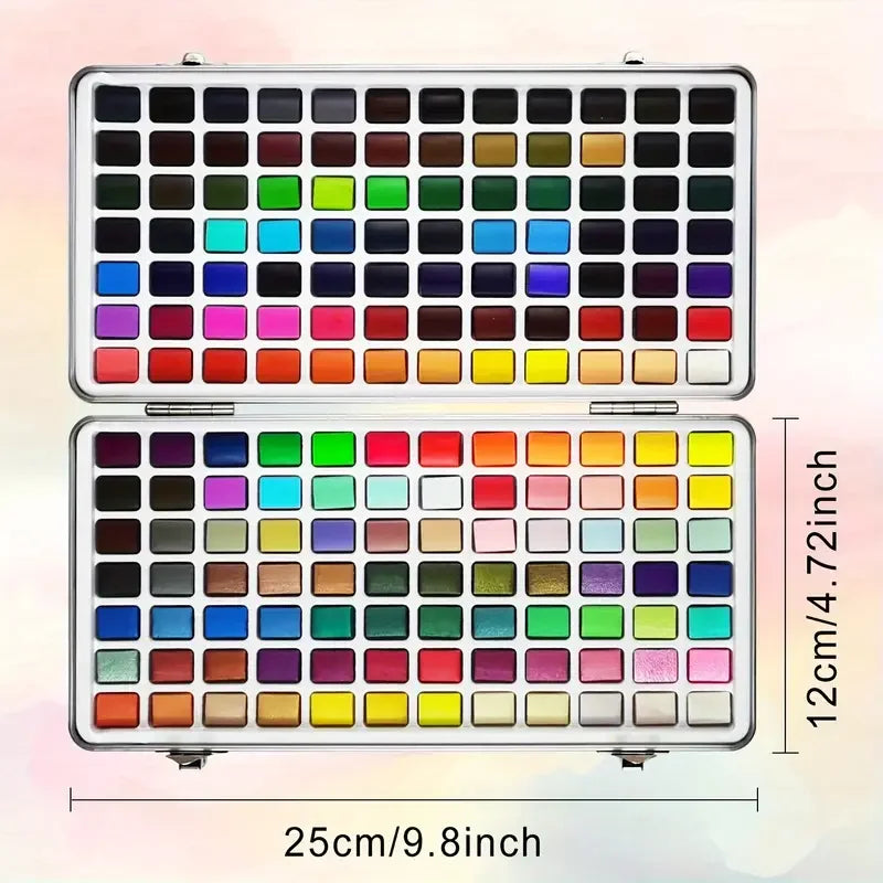 A rectangular palette of watercolor paints featuring various colors arranged in a grid.