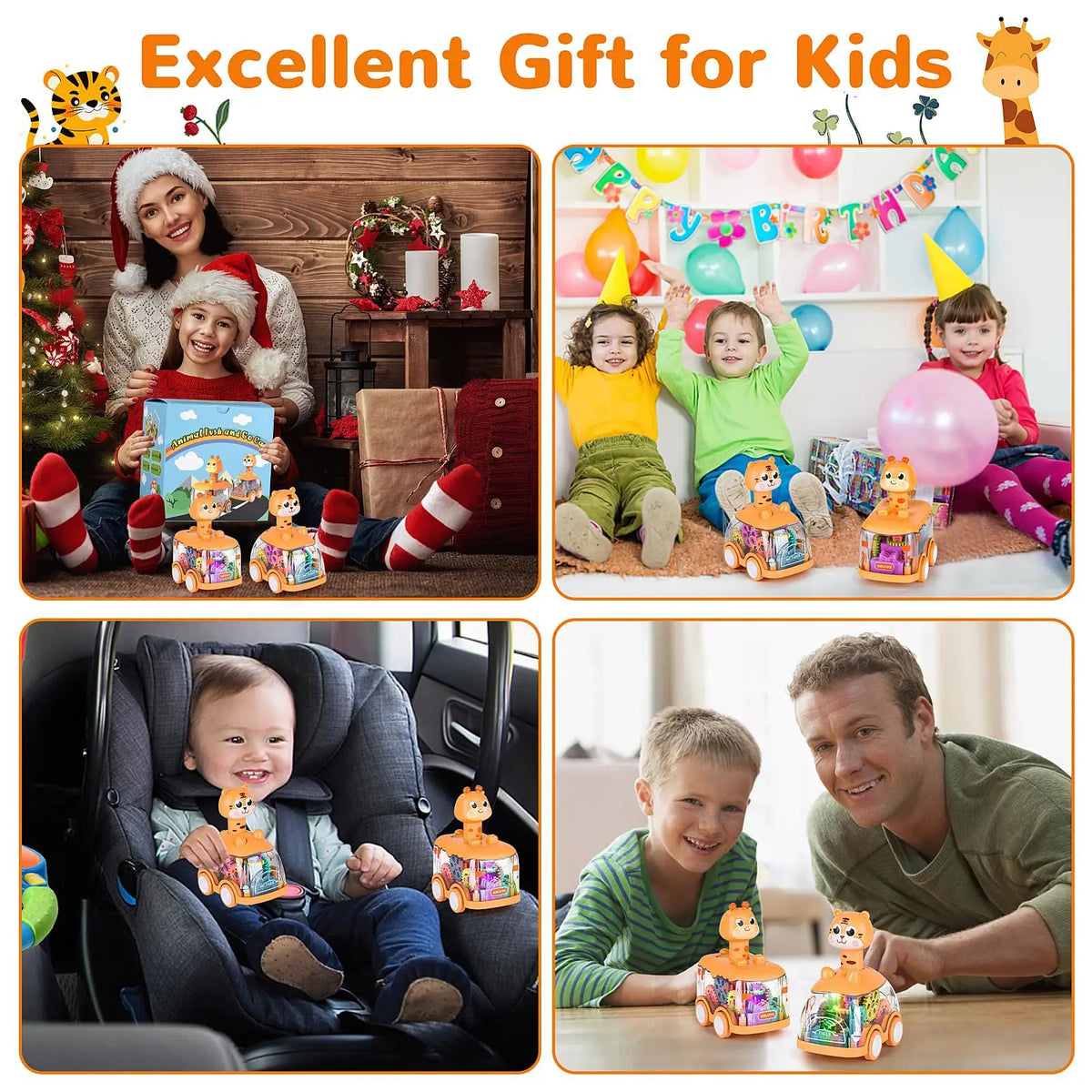 A collection of light-up gear car toys for kids, including a plush toy and a small vehicle.