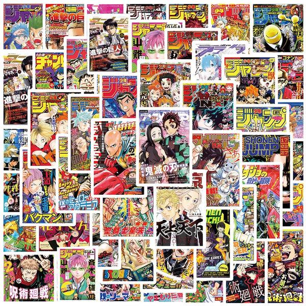 A collection of colorful anime aesthetic poster stickers featuring various characters and scenes.