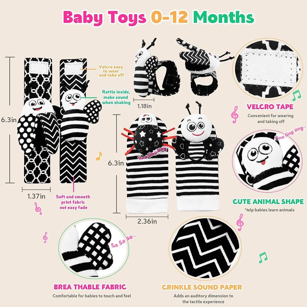Black and White Sensory Wrist Rattles and Foot Finders for Newborns