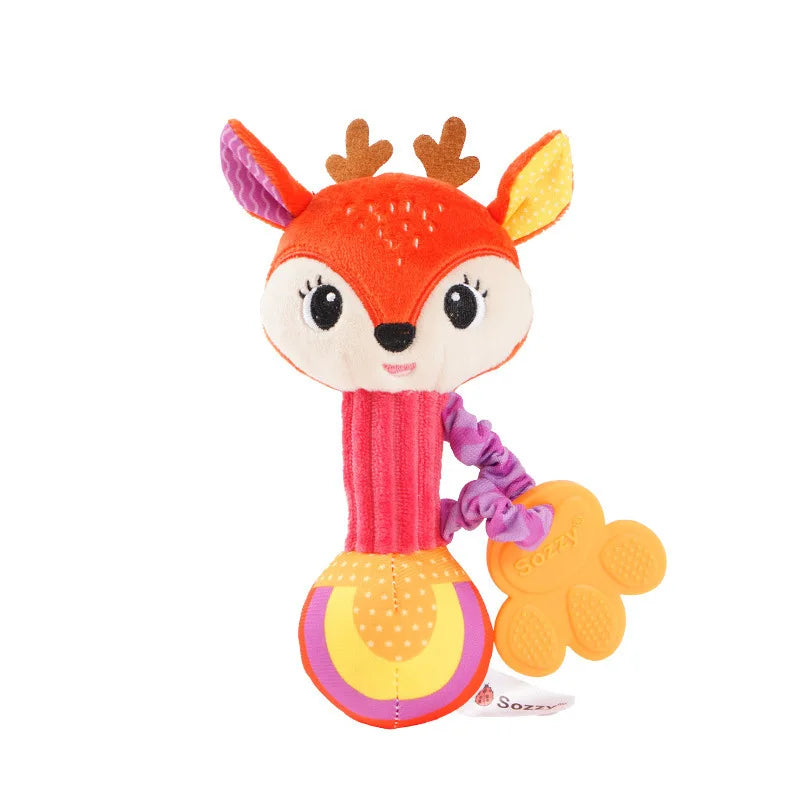 An orange fox-shaped soft plush baby rattle toy with crinkle and squeak sounds.