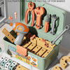 A large capacity work box containing various tools and wooden parts for a kids tool set assembly playset