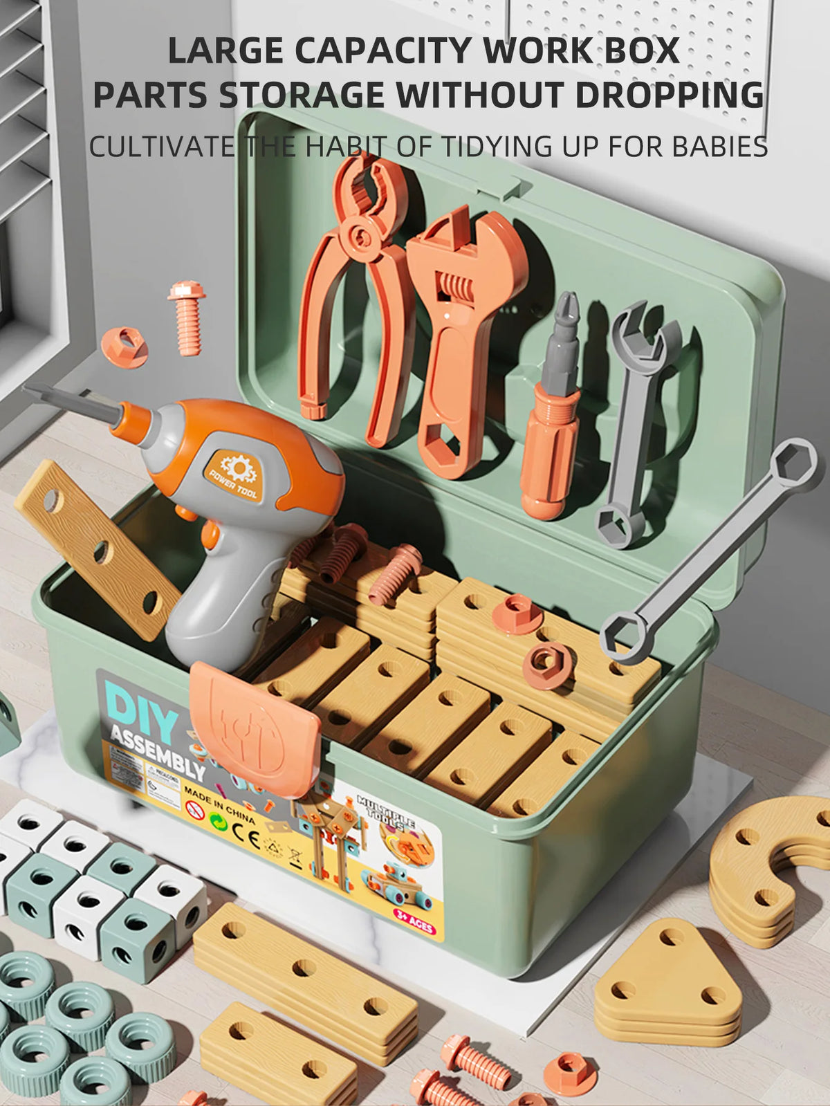 A large capacity work box containing various tools and wooden parts for a kids tool set assembly playset