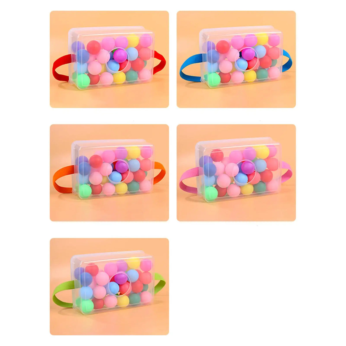 A set of clear plastic containers filled with colorful silicone balls for a party game