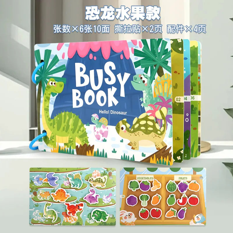 A set of six dinosaur books with reusable stickers and a colorful title card displayed next to the books.